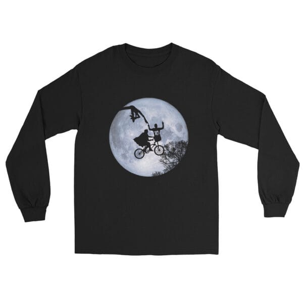 Men's long sleeve shirt in black with Lionel Messi silhouette being touched by an extra-terrestrial