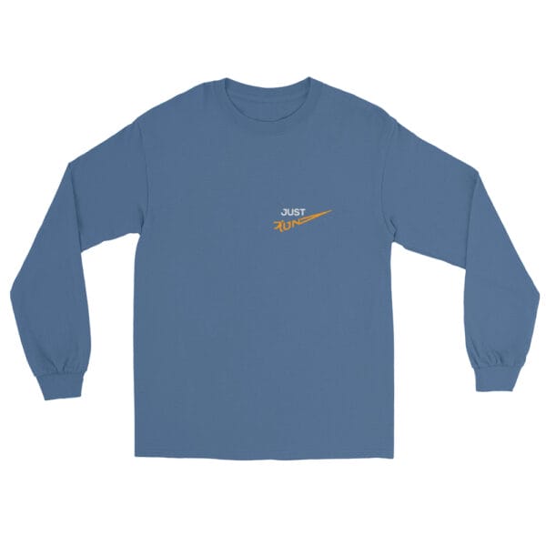 Men's indigo blue long sleeve t-shirt with text 'Just Run' with letter R a runner silhouette