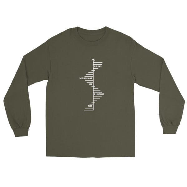 Men's long sleeve shirt in military green with text 'The Pursuit of Marginal Gains' going up on small white steps