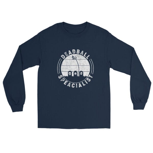 Men's long sleeve shirt in navy with text 'Deadball Specialist' and a ball curving around gravestones