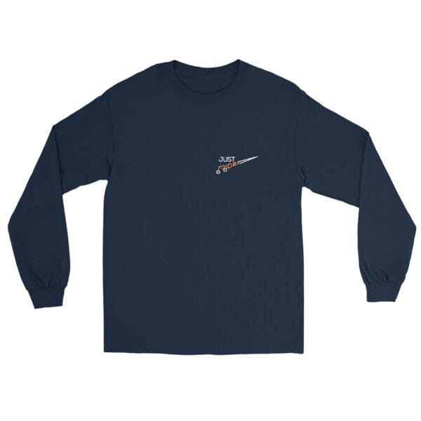 Men's navy long sleeve t-shirt with text 'Just Ride' with letter R making a bike