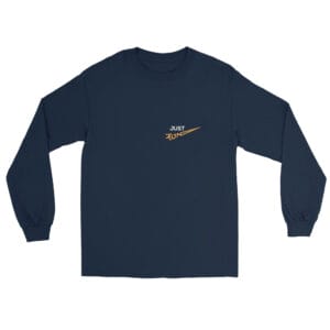 Men's navy long sleeve t-shirt with text 'Just Run' with letter R a runner silhouette