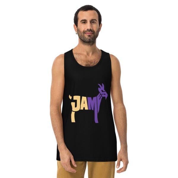 Man wearing premium tank top in black with typography 'James' in shape of goat in yellow and purple