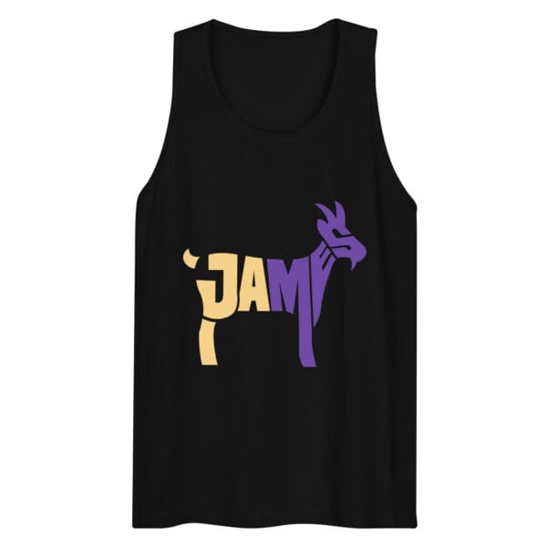 Men's premium tank top in black with typography 'James' in shape of goat in yellow and purple