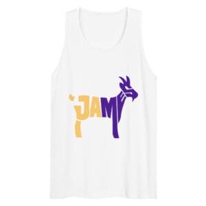 Men's premium tank top in white with typography 'James' in shape of goat in yellow and purple