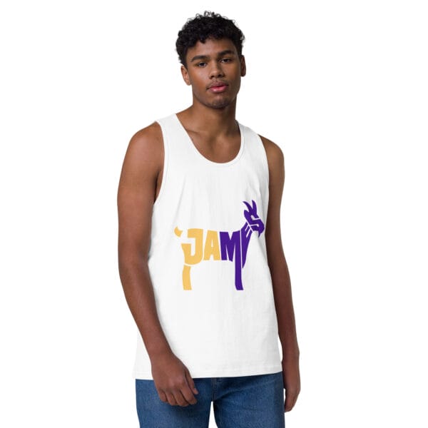 Man wearing premium tank top in white with typography 'James' in shape of goat in yellow and purple