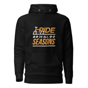 Men's premium hoodie in black with text 'I ride in all seasons' and seasonal icons