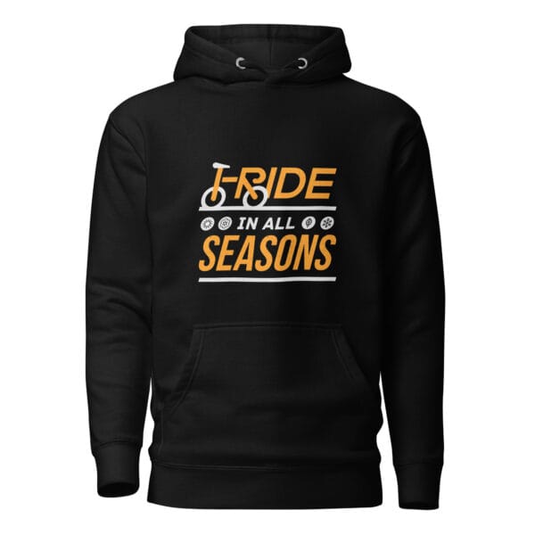 Men's premium hoodie in black with text 'I ride in all seasons' and seasonal icons