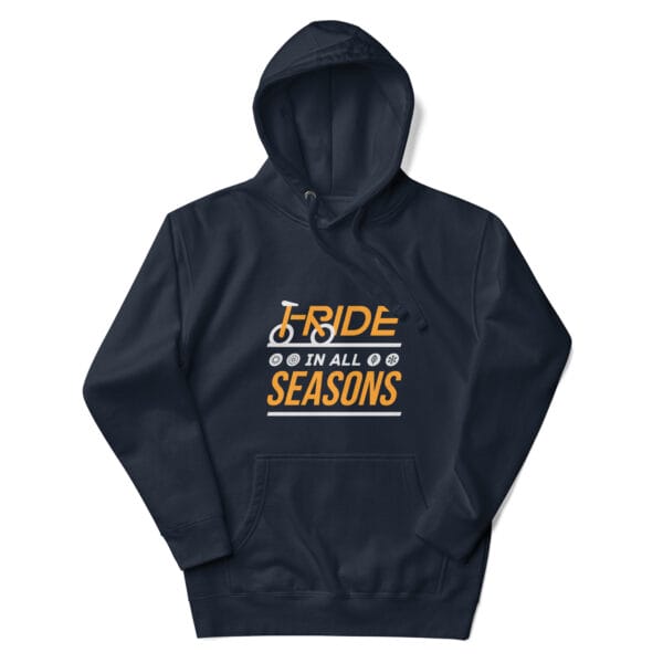 Men's premium hoodie in team navy blazer with text 'I ride in all seasons' and seasonal icons