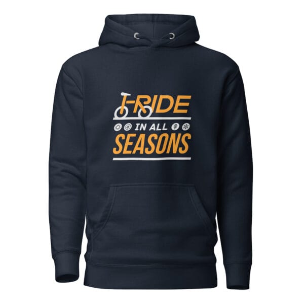 Men's premium hoodie in navy blazer with text 'I ride in all seasons' and seasonal icons