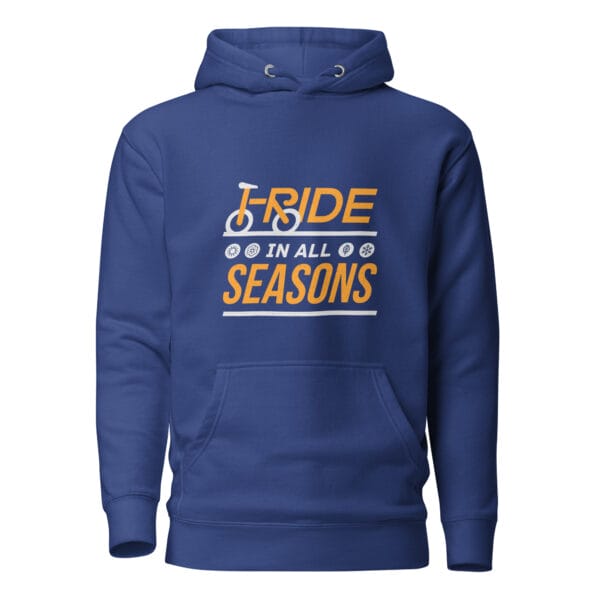 Men's premium hoodie in team royal blue with text 'I ride in all seasons' and seasonal icons