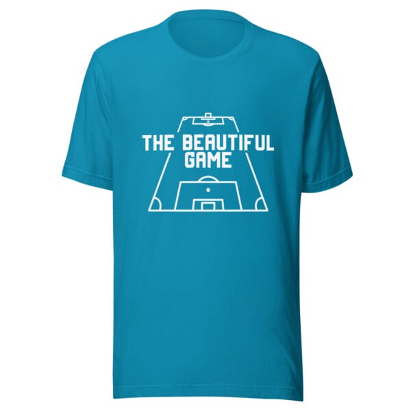 Unisex staple t-shirt in aqua with white text 'The Beautiful Game' inside a football pitch