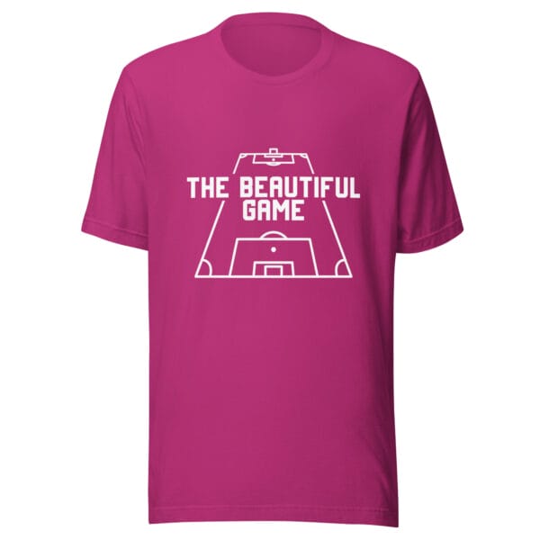 Unisex staple t-shirt in berry with white text 'The Beautiful Game' inside a football pitch