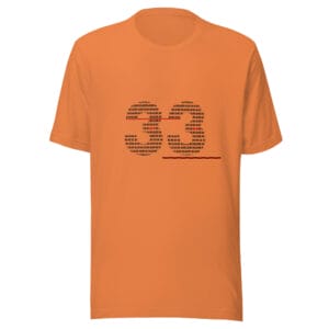 Unisex staple t-shirt in burnt orange with text 'Mad Max' repeated to make number thirty three