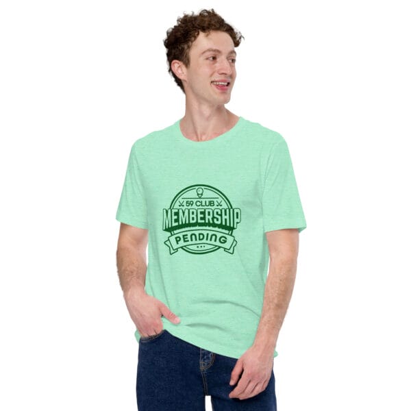 Man wearing heather mint t-shirt with large 59 club membership pending logo