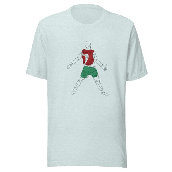 Heather prism ice blue unisex staple t-shirt with Cristiano Ronaldo line drawing celebrating a goal in Portugal colours