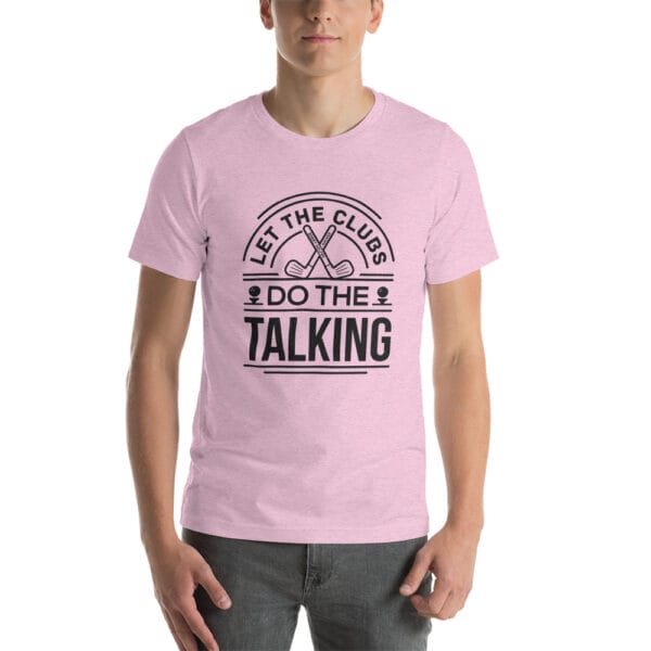 Man wearing unisex staple t-shirt in heather prism lilac with text 'Let the clubs do the talking'