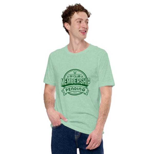 Man wearing heather prism mint t-shirt with large 59 club membership pending logo