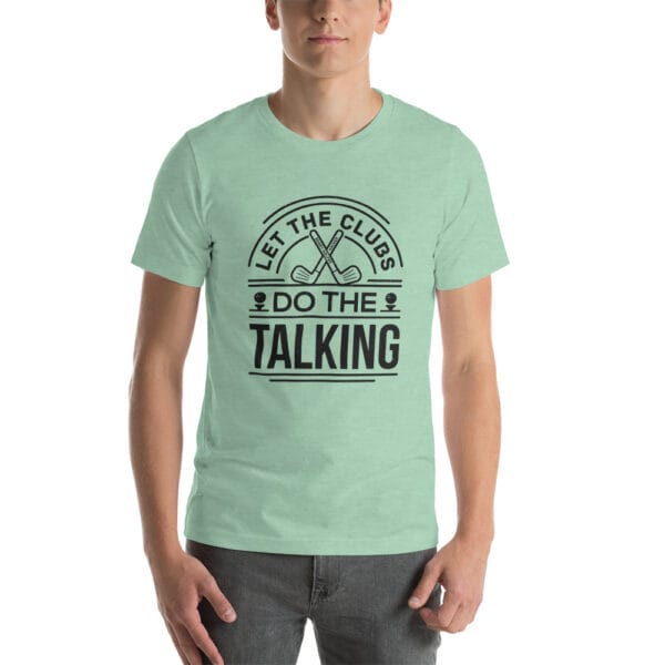 Man wearing unisex staple t-shirt in heather prism mint with text 'Let the clubs do the talking'