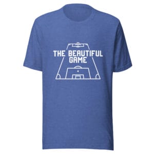 Men's staple t-shirt in heather true royal with white text 'The Beautiful Game' inside a football pitch