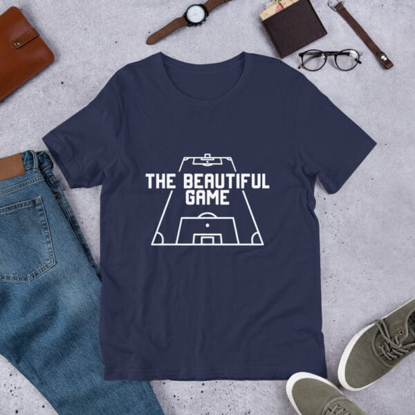 Men's staple t-shirt in navy with white text 'The Beautiful Game' inside a football pitch