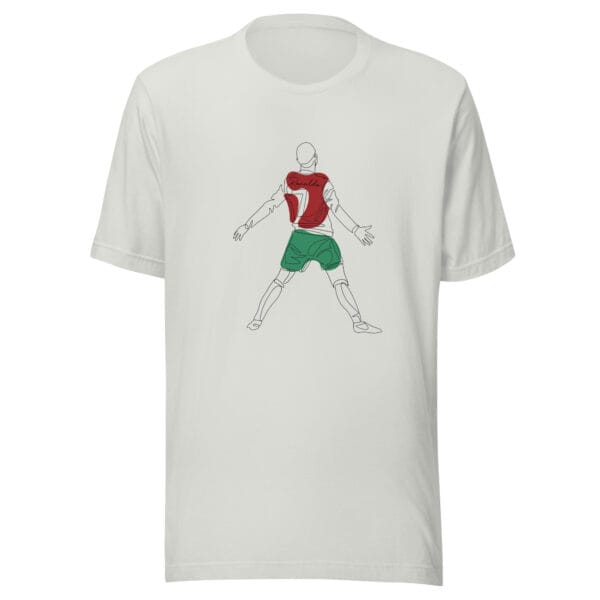 Silver unisex staple t-shirt with Cristiano Ronaldo line drawing celebrating a goal in Portugal colours