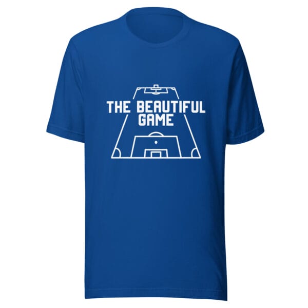 Unisex staple t-shirt in true royal with white text 'The Beautiful Game' inside a football pitch