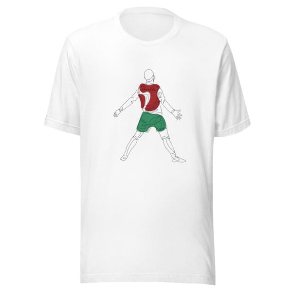 White unisex staple t-shirt with Cristiano Ronaldo line drawing celebrating a goal in Portugal colours