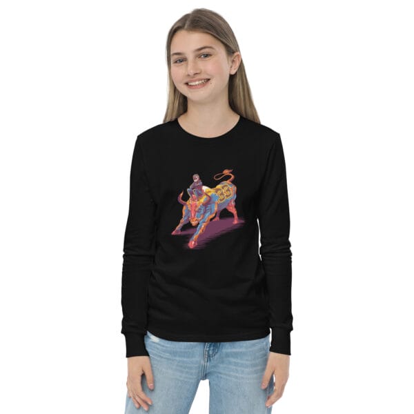 Girl wearing a long sleeve tee in black with Max Verstappen sitting on a bull in his full race suit