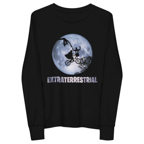 Black youth long sleeve tee with Lionel Messi pointing to the sky and being touched by an extraterrestrial