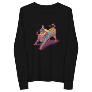 Youth long sleeve tee in black with Max Verstappen sitting on a bull in his full race suit