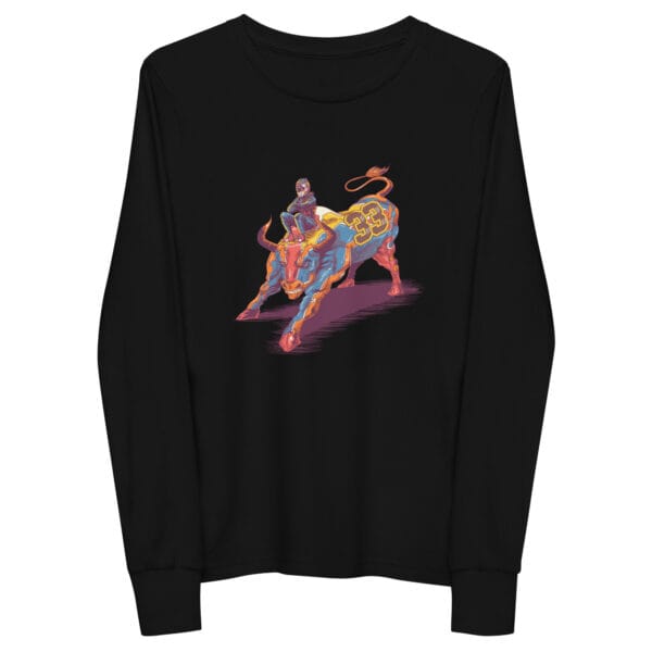 Youth long sleeve tee in black with Max Verstappen sitting on a bull in his full race suit