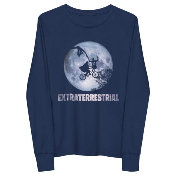 Navy youth long sleeve tee with Lionel Messi pointing to the sky and being touched by an extraterrestrial