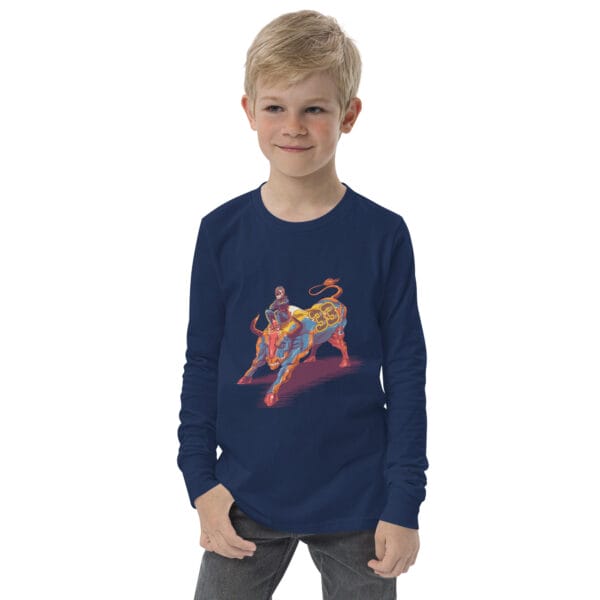 Boy wearing a long sleeve tee in navy with Max Verstappen sitting on a bull in his full race suit