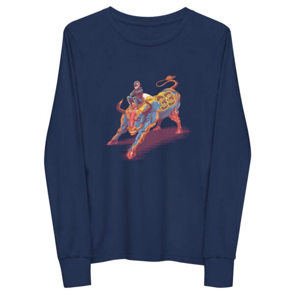 Youth long sleeve tee in navy with Max Verstappen sitting on a bull in his full race suit