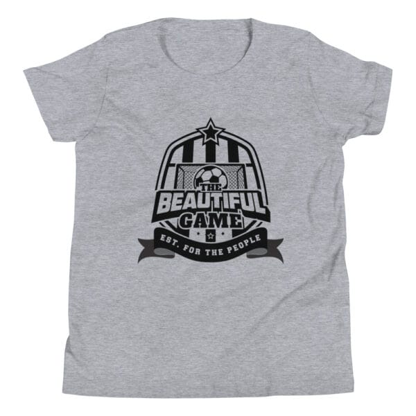 Youth staple t-shirt in athletic heather a black The Beautiful Game crest, est. for the people