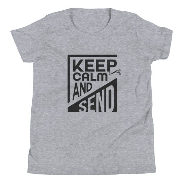 Youth staple tee in athletic heather with black text 'Keep calm and send' and a small biker silhouette doing a superman