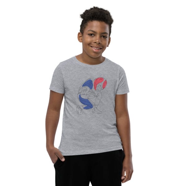 Boy wearing a an athletic heather staple t-shirt with line drawing of Lewis Hamilton in race suit celebrating