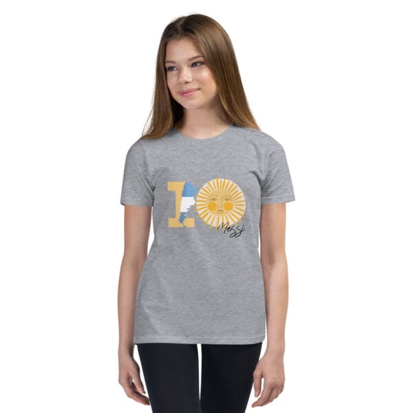 Girl in a athletic heather staple t-shirt with the number one and the Sun of May (10) and Messi's name