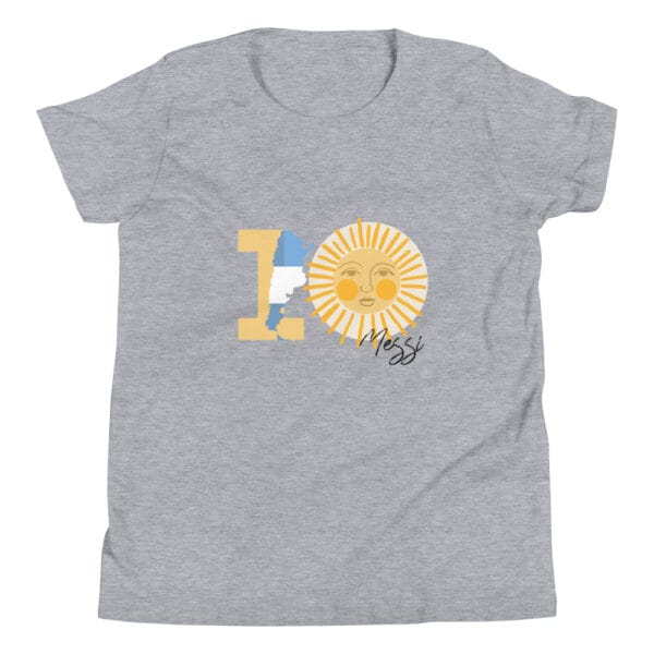 Youth staple t-shirt in athletic heather with the number one and the Sun of May (10) and Messi's name