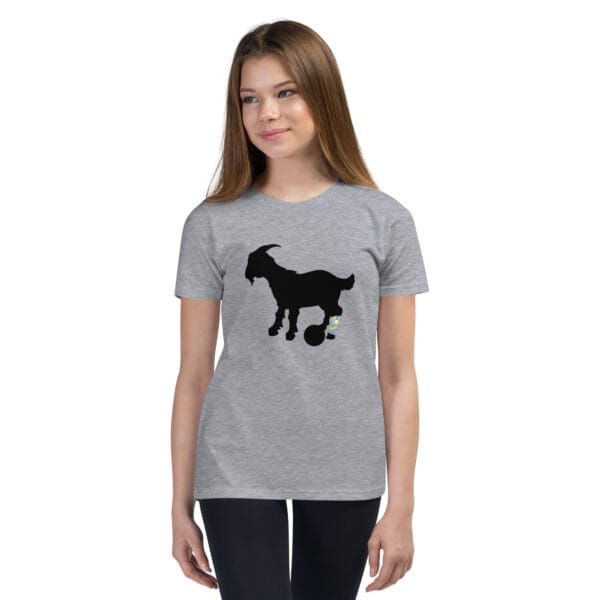 Girl wearing athletic heather staple t-shirt with black goat silhouette with Lionel Messi's famous leg tattoo in light blue and yellow