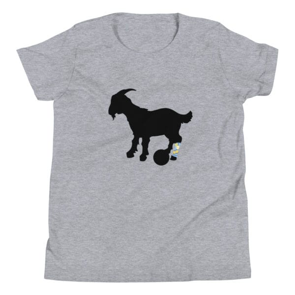 Youth staple t-shirt in athletic heather with black goat silhouette with back left leg showing Lionel Messi's famous leg tattoo in light blue and yellow