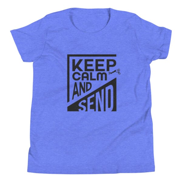 Youth staple tee in heather columbia blue with black text 'Keep calm and send' and a small biker silhouette doing a superman