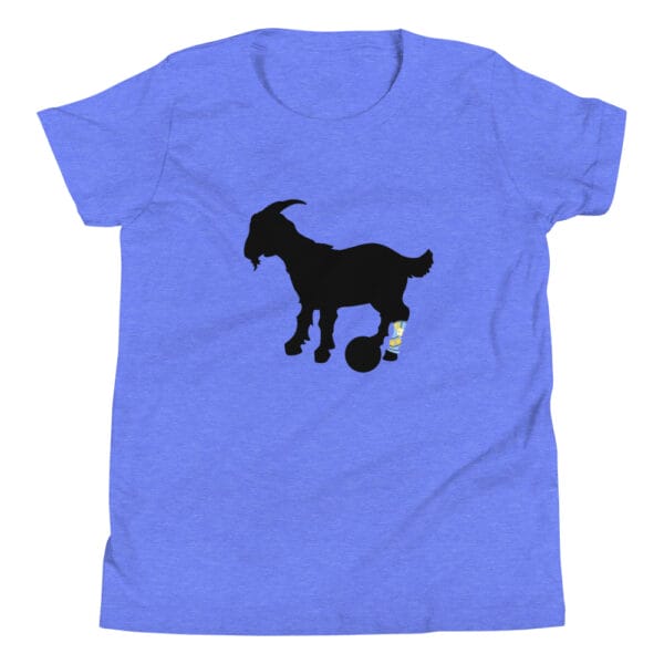 Youth staple t-shirt in columbia blue with black goat silhouette with back left leg showing Lionel Messi's famous leg tattoo in light blue and yellow