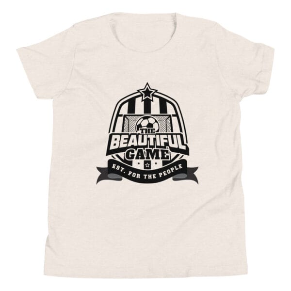 Youth staple t-shirt in heather dust with black The Beautiful Game crest, est. for the people