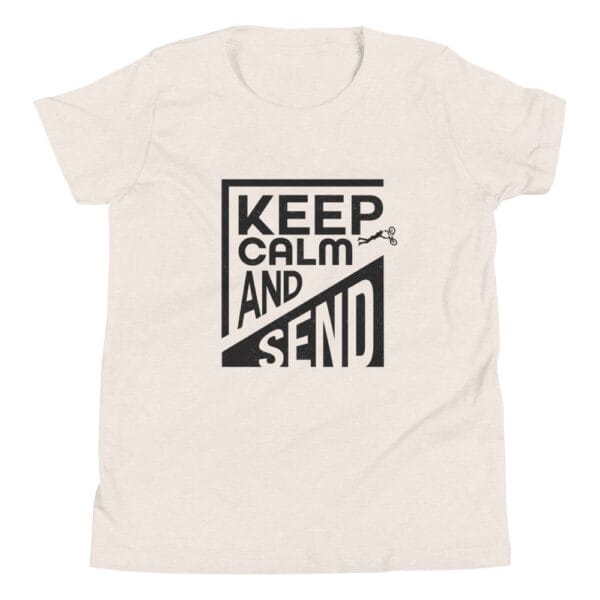 Youth staple tee in heather dust with black text 'Keep calm and send' and a small biker silhouette doing a superman