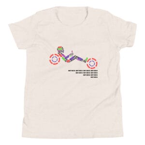 Youth staple tee in heather dust with text 'Keep racing' creating a racing driver and wheels