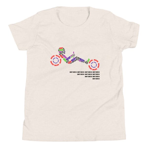 Youth staple tee in heather dust with text 'Keep racing' creating a racing driver and wheels