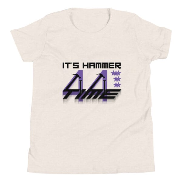 Youth staple t-shirt in heather dust with text It's Hammer Time and number 44 and 7 stars