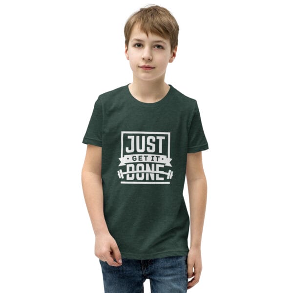 Boy wearing a heather forest staple tee with large, white text 'Just get it done' and simple graphics